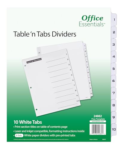 Office Essentials Table 'n Tabs Dividers, 8-1/2 x 11, 1-10 Tab, Black/White Tab, Laser/Inkjet, 6 Pk (24882) - Image 1