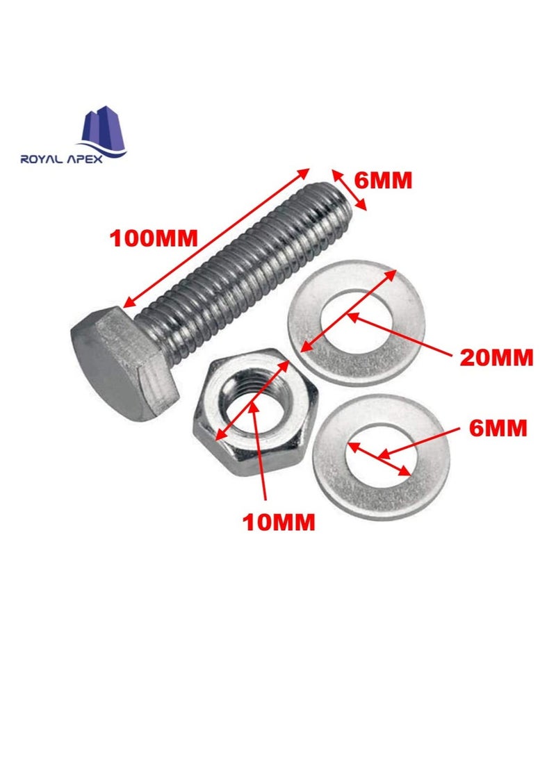 12 pcs Hex Head Screw Bolts Nuts & Washers Fully Thread GI Plain Finish Bolt Set. (6, 100M) - Image 2