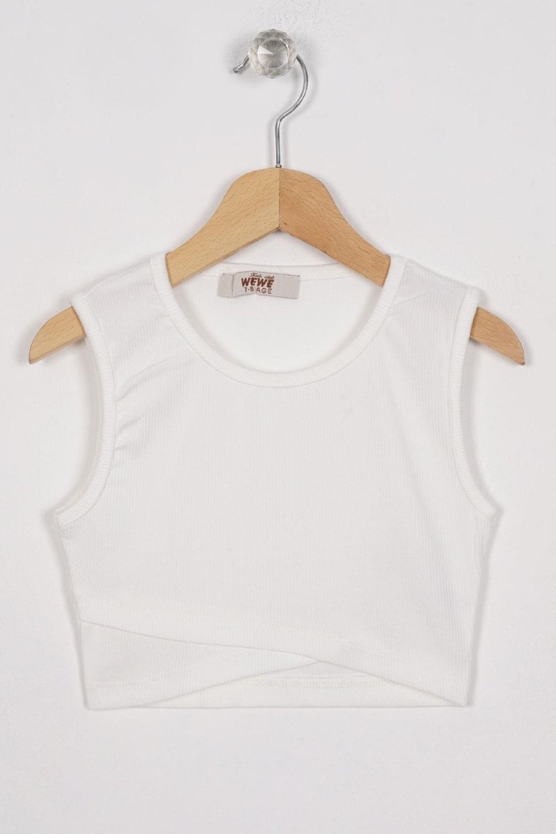 Zepkids Crew Neck Zero Sleeve Cross Waist Detail Ecru Color Girl T-shirt  - Image 1