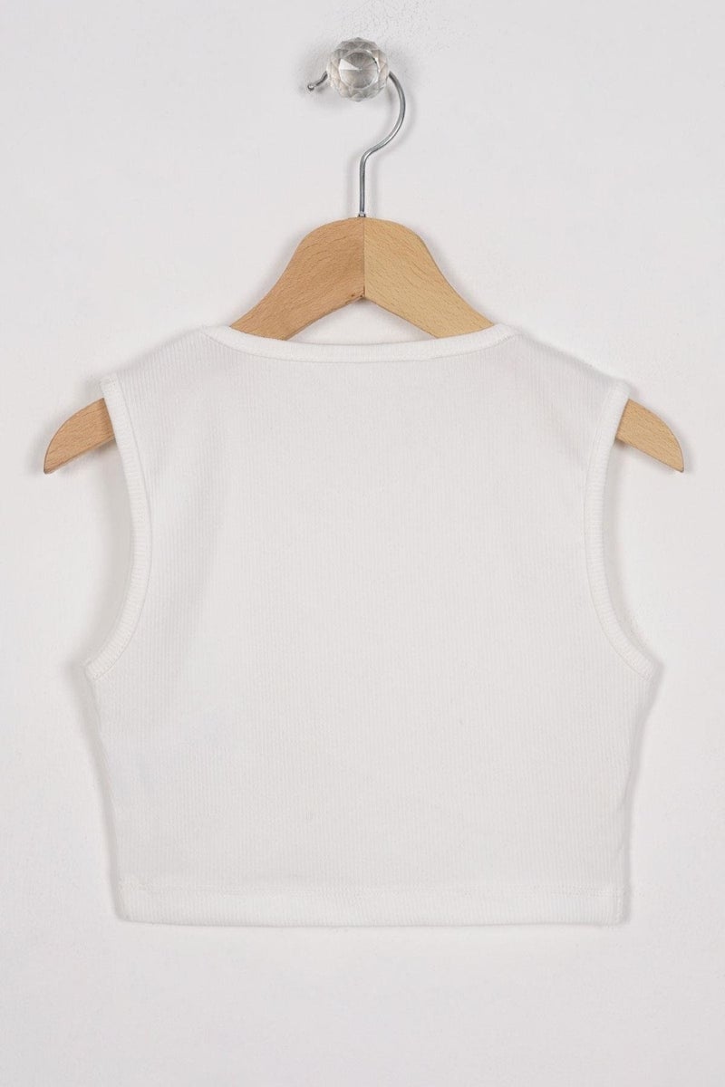 Zepkids Crew Neck Zero Sleeve Cross Waist Detail Ecru Color Girl T-shirt  - Image 3
