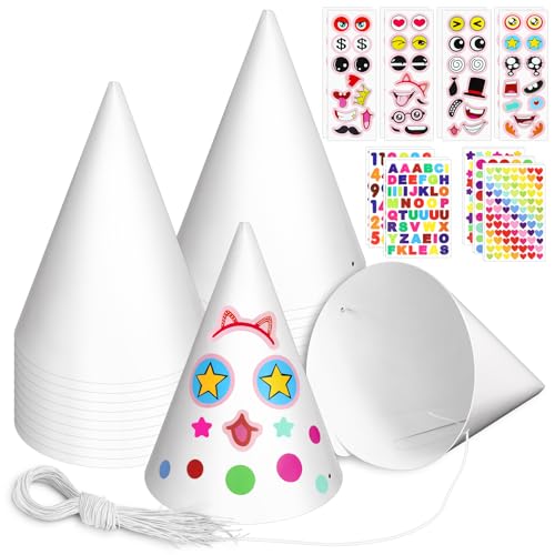 WEOXPR 24 Pack White Party Hats with StickersBirthday Party Favors for KidsMini Cone Hats for Arts DIY CraftsNewborn Photo Props Halloween Christmas Decorations 24 Pack White Hat Stickers - Image 1