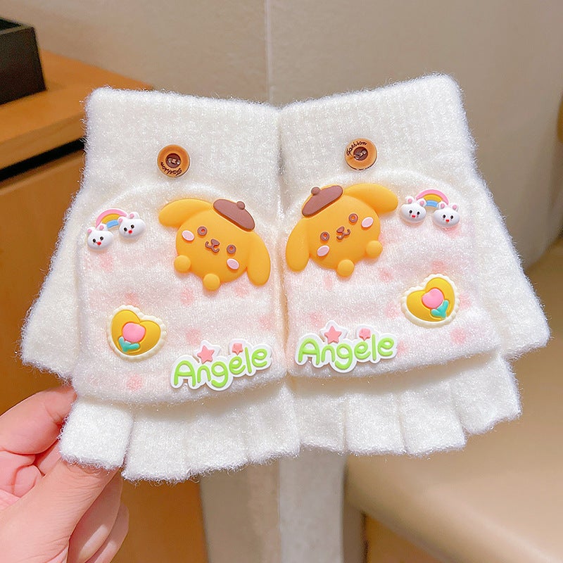 Kids Flip-Top Gloves Half-Finger Warm 2024 Winter 10#Milk white pudding dog [flip cover]
