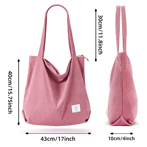 KALIDI FANCY FOREST KALIDI Women Corduroy Tote Bag Casual Tote's Handbag Big Capacity Shoulder Bag with Pockets Zippers (Pink) - Image 2
