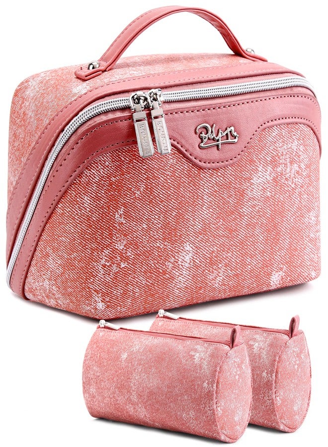 BOYATU Travel Makeup Bag Cosmetic Bags for Women: 3 Pcs Set Portable Make up Bag with Handle - Vegan Leather Toiletry Bags with Compartments - Makeup Organizer for Travel Essentials, F-5-Rosy Red - Image 1