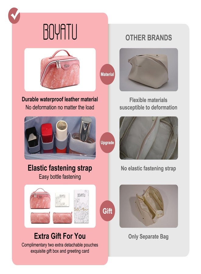 BOYATU Travel Makeup Bag Cosmetic Bags for Women: 3 Pcs Set Portable Make up Bag with Handle - Vegan Leather Toiletry Bags with Compartments - Makeup Organizer for Travel Essentials, F-5-Rosy Red - Image 3