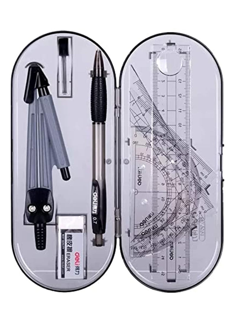 Deli 8 Pieces Maths Set, Geometry Compass Sets Exam Stationery Pencil Case,Math Kit Educational Supplies Drawing Compass and Protractor Set, Pencil Lead Refills, Pencil, Eraser, Rulers for School  - Image 1