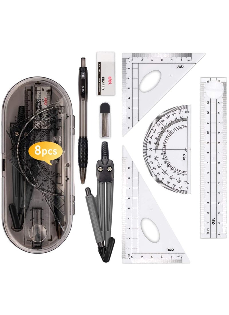 Deli 8 Pieces Maths Set, Geometry Compass Sets Exam Stationery Pencil Case,Math Kit Educational Supplies Drawing Compass and Protractor Set, Pencil Lead Refills, Pencil, Eraser, Rulers for School  - Image 5