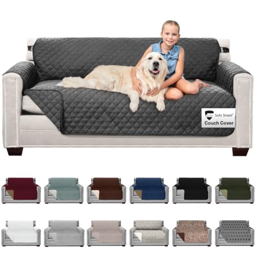 Sofa Shield Couch Slip Cover with Patented Strap Cushion Protector US Designed Reversible Stain and Dog Tear Resistant Slipcover 70 inch Seat Washable Covers for Dogs Pets Kids Charcoal