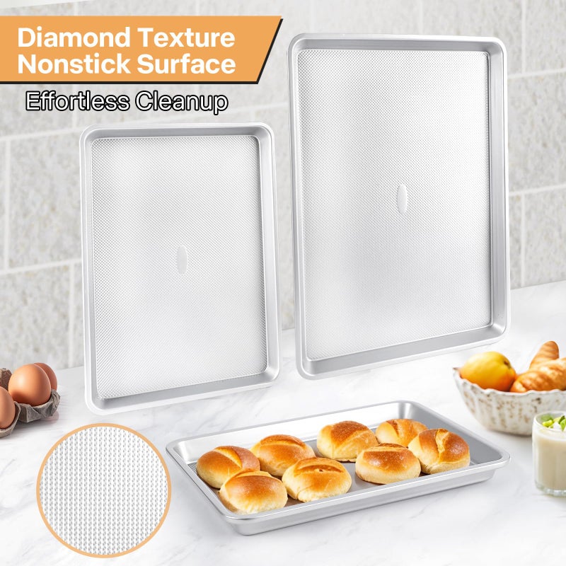 Spmarkt 3-Piece Non-Stick Baking Sheet Set | PFOA/PFOS/PTFE-Free, 0.8mm Heavy-Duty Steel with Diamond Texture Surface | Stackable Design for Roasting, Baking & Toasting - Image 4