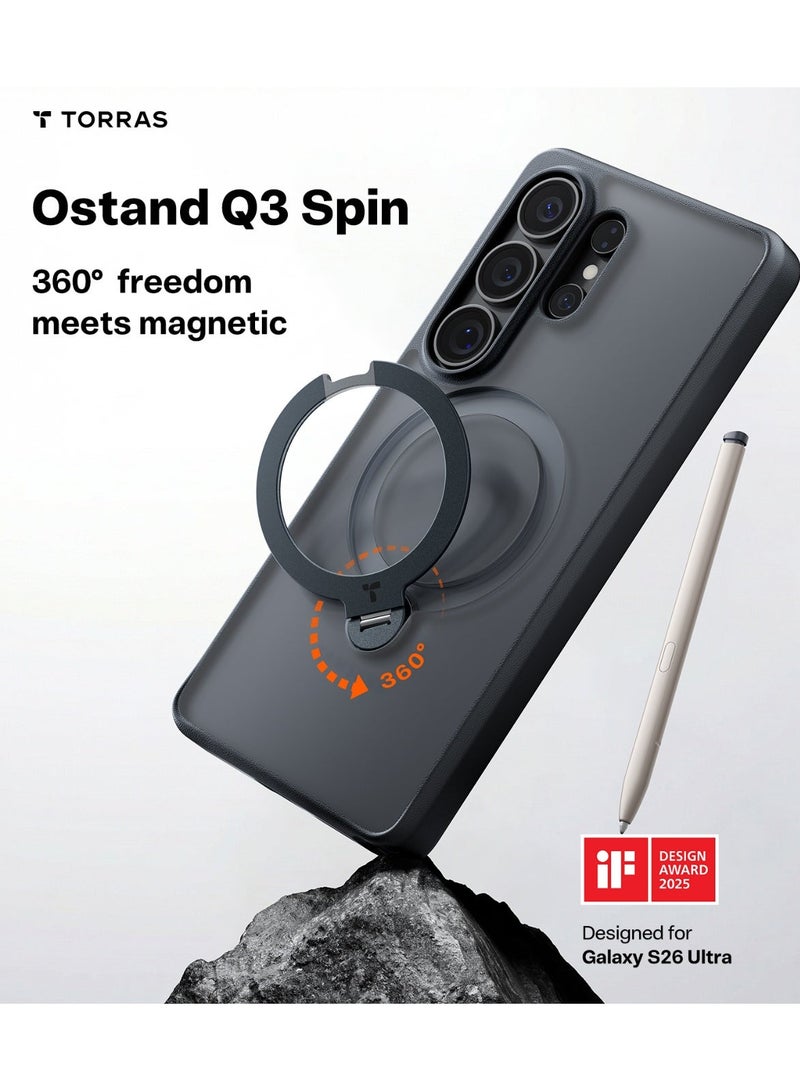 Ostand Q3 Spin Series for Samsung Galaxy S26 Ultra Case with 360° Magnetic Stand, Fit for Magsafe, 4X Mil-Grade Shockproof Case with Kickstand, Translucent Frosted, Black - Image 3