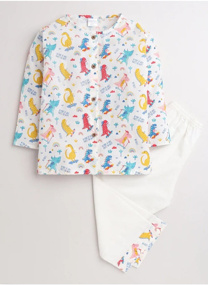 Polka Tots Polka Tots Full Sleeves Night Wear Dinosaur Kurta Pyjama - White  - Image 1