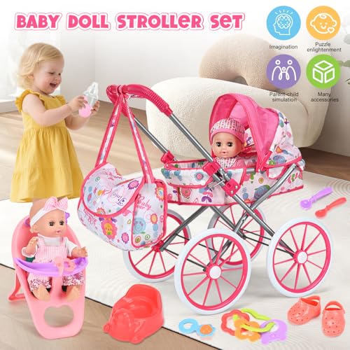 ALLROAD Baby Doll Stroller Toy Set with 125 Doll and Accessories 2 Doll Clothes Diaper Dining Chair Pacifier Storage Bag Baby Doll Stroller Toys for Girls Toddlers 35 46 57 Gifts for Pretend Play - Image 5