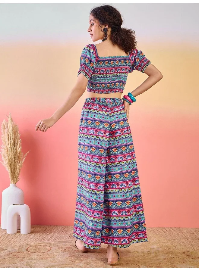 AKS Floral Printed Crop Top With Flared Palazzo