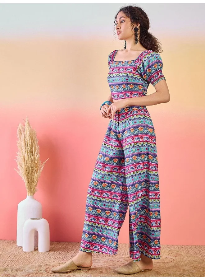 AKS Floral Printed Crop Top With Flared Palazzo