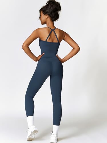ABOCIW Workout Sets for Women 2 Piece Yoga Outfits Padded Sports Bra Cross Back Tank Top High Waist Leggings Gym Sets Work Out Clothes Navy Medium - Image 3