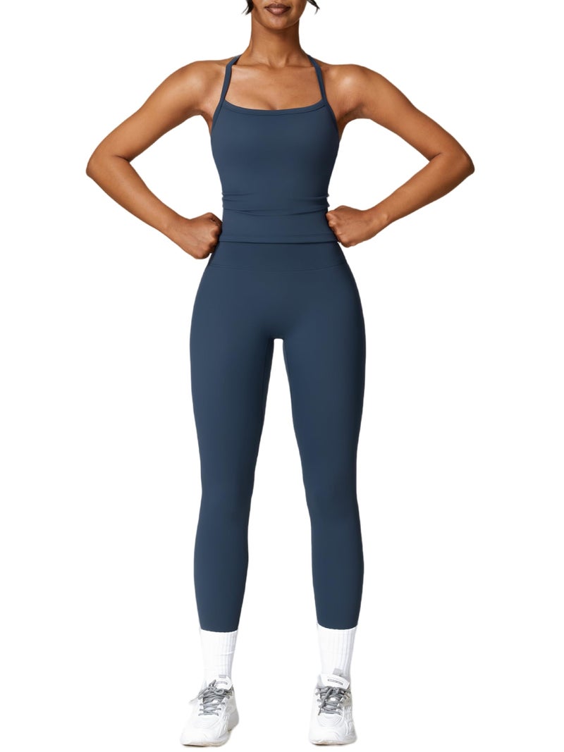 ABOCIW Workout Sets for Women 2 Piece Yoga Outfits Padded Sports Bra Cross Back Tank Top High Waist Leggings Gym Sets Work Out Clothes Navy Medium - Image 2