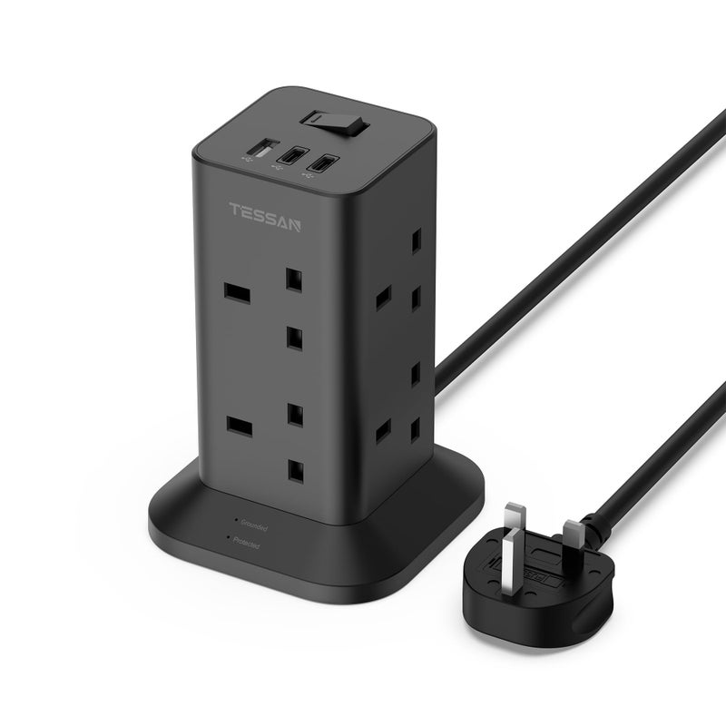 تيسان TESSAN Tower Black Extension Lead with 2 USB C Slots - Image 1