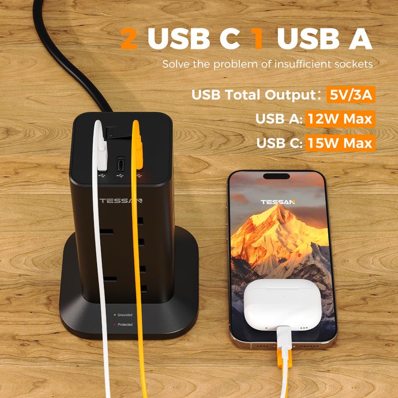 تيسان TESSAN Tower Black Extension Lead with 2 USB C Slots - Image 3