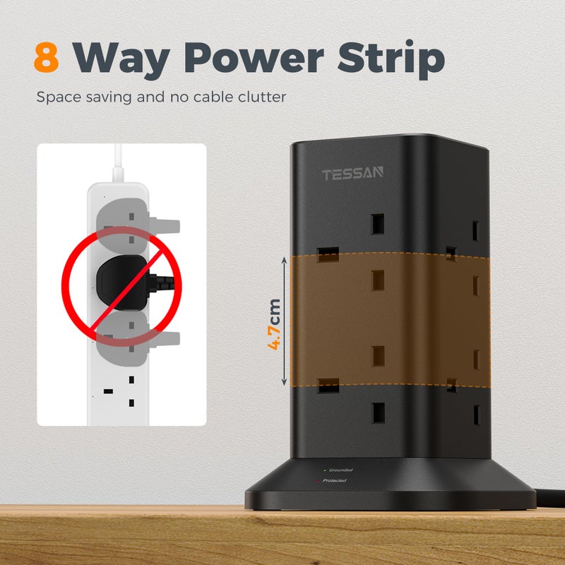 تيسان TESSAN Tower Black Extension Lead with 2 USB C Slots - Image 5