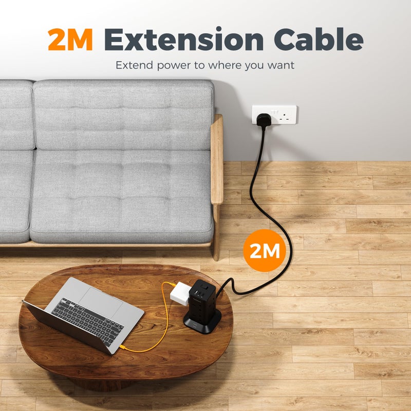 تيسان TESSAN Tower Black Extension Lead with 2 USB C Slots - Image 4