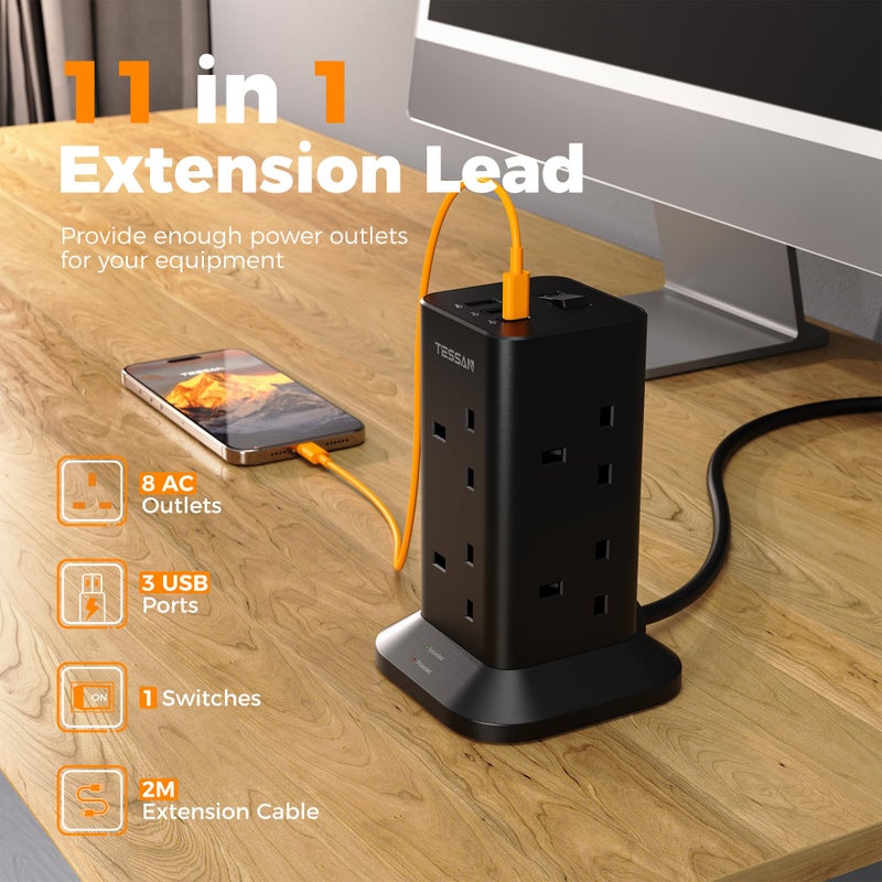 تيسان TESSAN Tower Black Extension Lead with 2 USB C Slots - Image 2