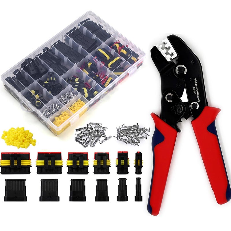Twippo 800Pcs 50 Sets Waterproof Automotive Electrical Wire Connectors Plug Kit 123456 Pin Waterproof Connectors with Ratchet Crimping Tool