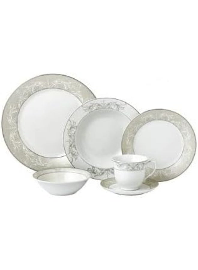 Lorren Home Trends طقم أدوات مائدة بورسلين لورن هوم تريندز LH439 24 قطعة بحافة فضية خدمة لـ 4 أوليمبيا مزيج ومطابقة حجم واحد أبيض