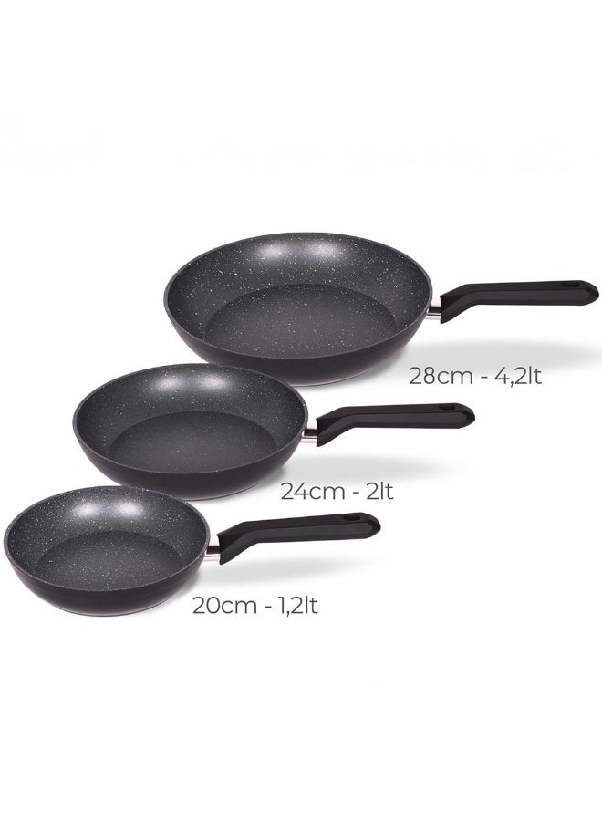 سيرينك طقم مكوّن من 3 مقالي جرانيت غير لاصقة، مقاسات 20 سم و24 سم و28 سم مع قاعدة متوافقة مع الحث (الاندكشن)، قاعدة بسماكة 3 مم، مقلاة مثالية للقلي السريع والتحمير، آمنة للغسل في غسالة الصحون، خالية من مادة PFOA، سلسلة Serenk Excellence Pan. - Image 4