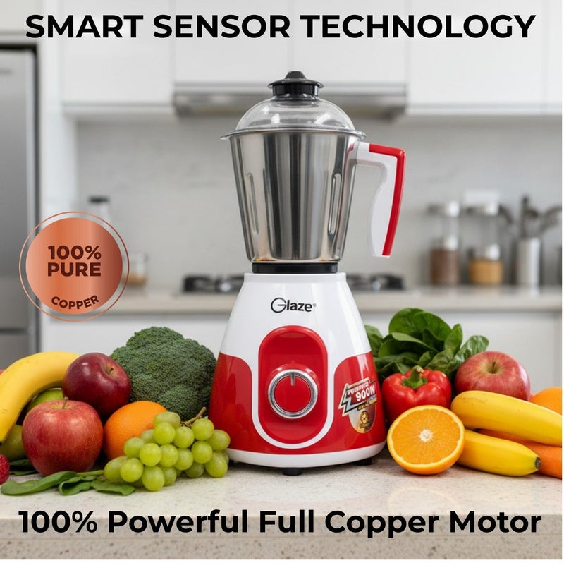 جليز خلاط ومطحنة 900 واط 3 في 1، جهاز مطبخ كهربائي مع 3 أوعية من الستانلس ستيل (1.5 لتر، 1.2 لتر، 0.5 لتر)، مناسب لطحن التوابل والقهوة، مزود بـ 3 سرعات مع خاصية التشغيل اللحظي (Incher)، وحماية من الحمل الزائد - Image 3