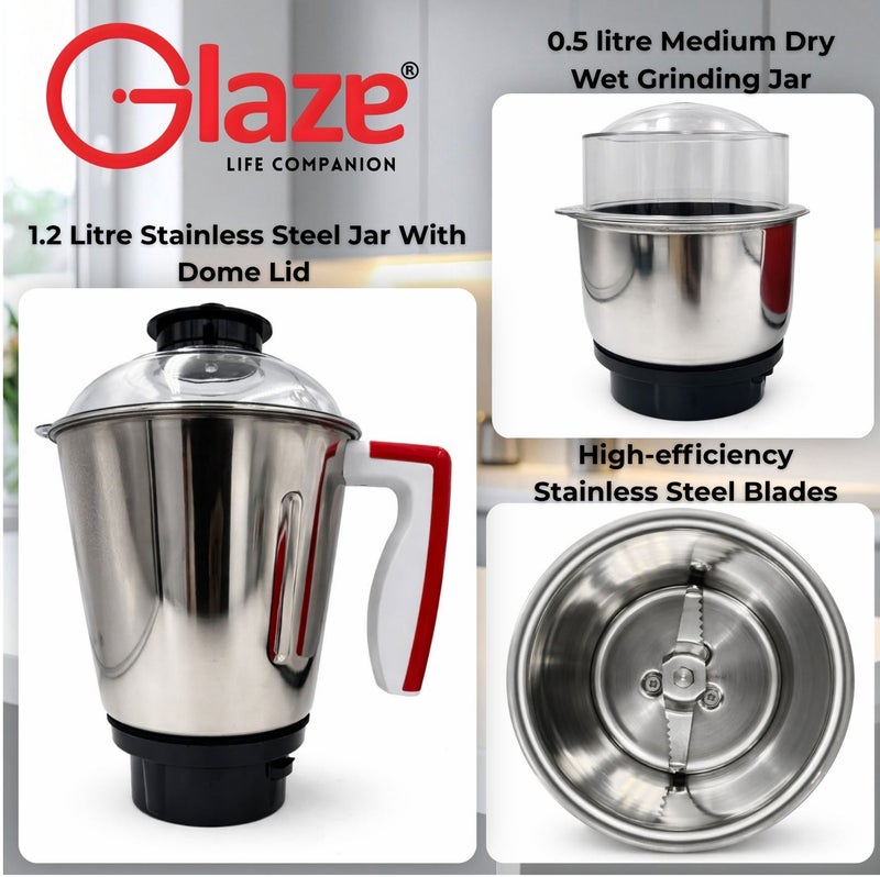 جليز خلاط ومطحنة 900 واط 3 في 1، جهاز مطبخ كهربائي مع 3 أوعية من الستانلس ستيل (1.5 لتر، 1.2 لتر، 0.5 لتر)، مناسب لطحن التوابل والقهوة، مزود بـ 3 سرعات مع خاصية التشغيل اللحظي (Incher)، وحماية من الحمل الزائد - Image 5