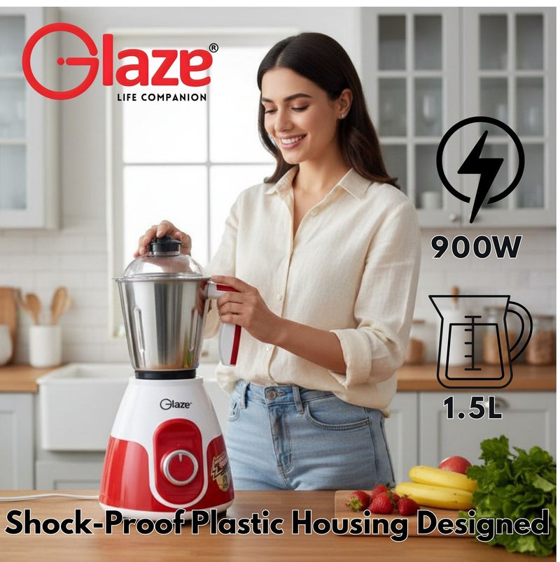 جليز خلاط ومطحنة 900 واط 3 في 1، جهاز مطبخ كهربائي مع 3 أوعية من الستانلس ستيل (1.5 لتر، 1.2 لتر، 0.5 لتر)، مناسب لطحن التوابل والقهوة، مزود بـ 3 سرعات مع خاصية التشغيل اللحظي (Incher)، وحماية من الحمل الزائد - Image 2