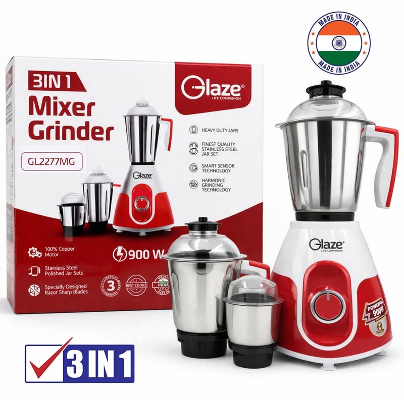 جليز خلاط ومطحنة 900 واط 3 في 1، جهاز مطبخ كهربائي مع 3 أوعية من الستانلس ستيل (1.5 لتر، 1.2 لتر، 0.5 لتر)، مناسب لطحن التوابل والقهوة، مزود بـ 3 سرعات مع خاصية التشغيل اللحظي (Incher)، وحماية من الحمل الزائد - Image 1