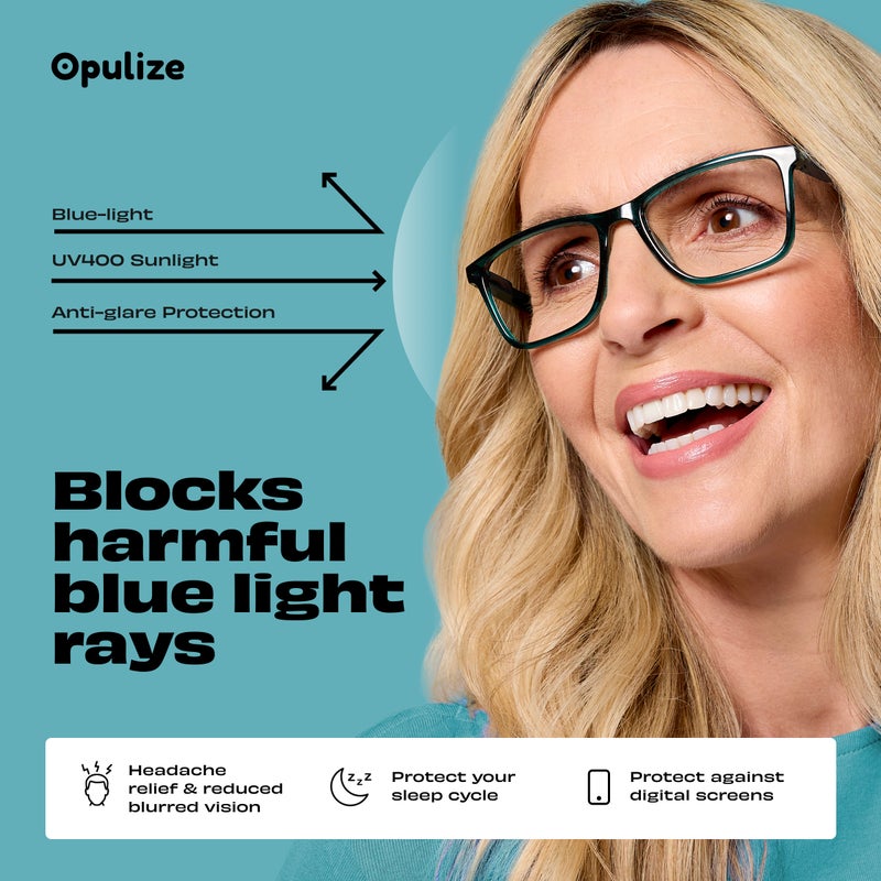OPULIZE نظارات قراءة NYX مع حماية من الضوء الأزرق للنساء والرجال، إطار مستطيل مع حماية من الأشعة فوق البنفسجية وإجهاد العين، نظارات كمبيوتر للألعاب مضادة للتوهج، سوداء، شفافة +2.0 (عبوة من 2) - Image 5