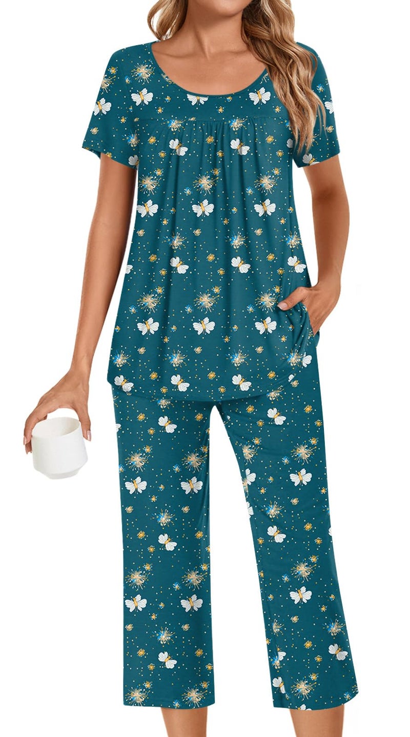 POPYOUNG Womens Pajama Sets Summer Ladies Pjs 2 Piece Loungewear Capri with Pockets Sleepwear L, Blue butterfly - Image 1