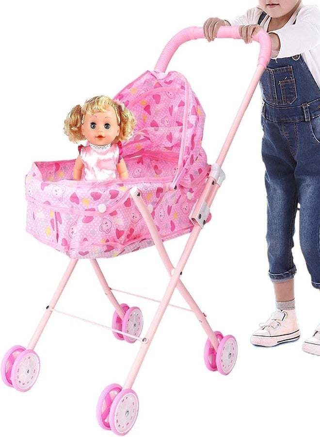 LUPSERO Doll Stroller with Baby Doll, Pink, Foldable Toy Pram with Canopy, Pretend Play Set - Image 2