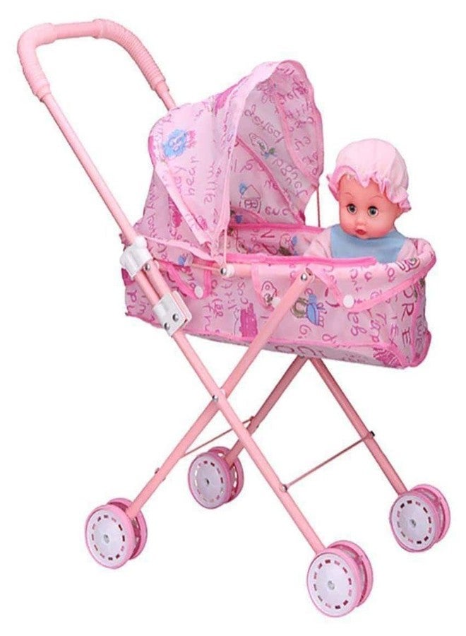 LUPSERO Doll Stroller with Baby Doll, Pink, Foldable Toy Pram with Canopy, Pretend Play Set - Image 3