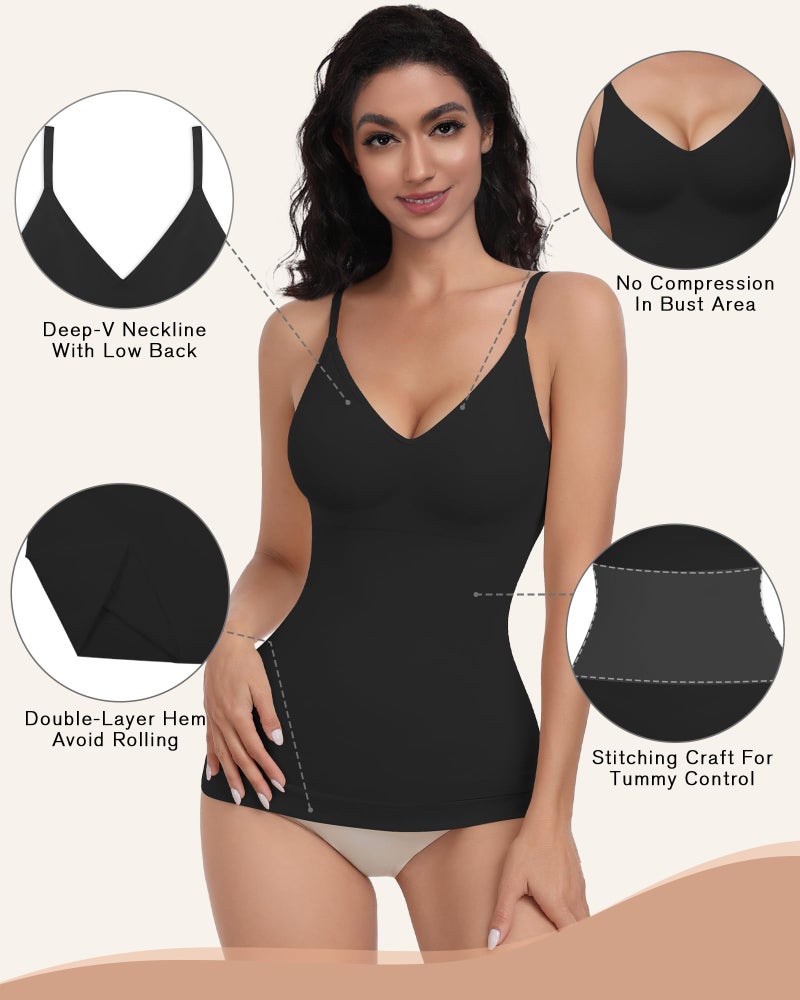 EUYZOU Womens 3PK Tummy Control Shapewear Tank Tops Seamless V-Neck Compression Tank Tops Body Shaper Camisole, Black/White/Nude L - Image 2