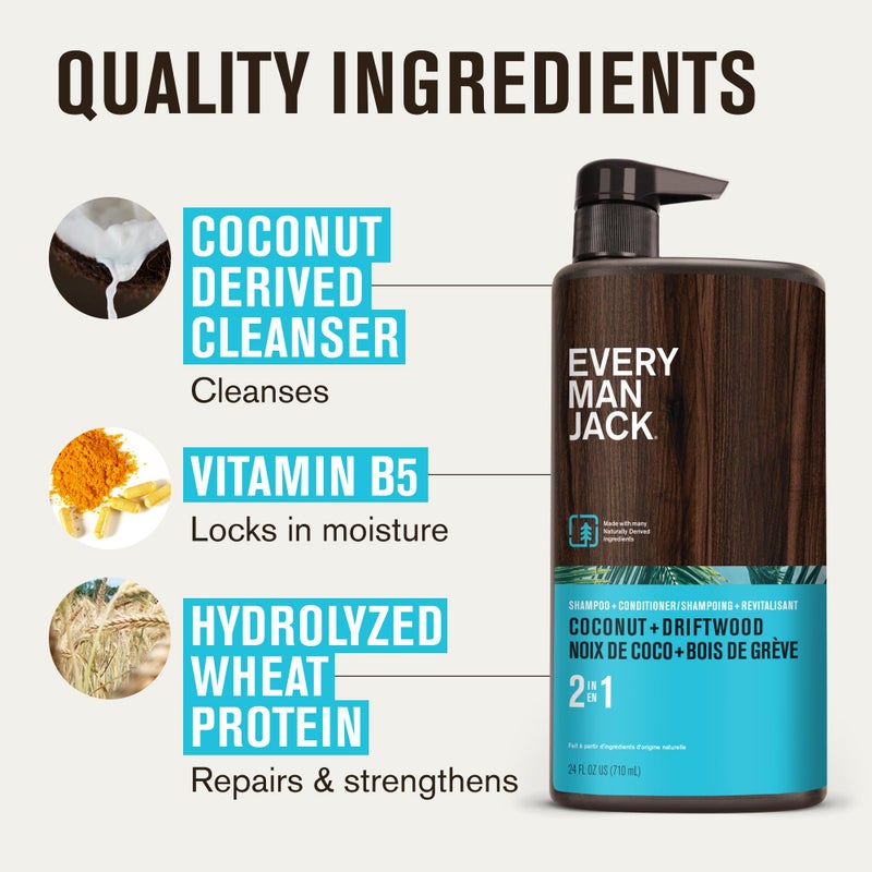 Every Man Jack 2-in-1 Daily Shampoo + Conditioner - Coconut & Driftwood | Nourishing For All Hair Types, Naturally Derived, Cruelty-Free Shampoo and Conditioner Set for Men | 24oz -1 Bottle - Image 5