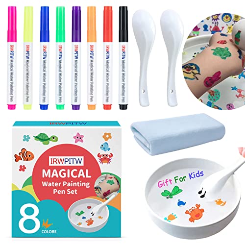 IRWPITW Magic Drawing Pen Bundle, 8 Colors Magical Water Painting Pens for Kids, Kiddies Create Magic Pen Floating Ink Drawings Set with Spoons and Towel, Tattoo Water Marker Gifts for Boys and Girls - Image 1