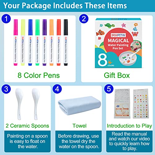 IRWPITW Magic Drawing Pen Bundle, 8 Colors Magical Water Painting Pens for Kids, Kiddies Create Magic Pen Floating Ink Drawings Set with Spoons and Towel, Tattoo Water Marker Gifts for Boys and Girls - Image 2