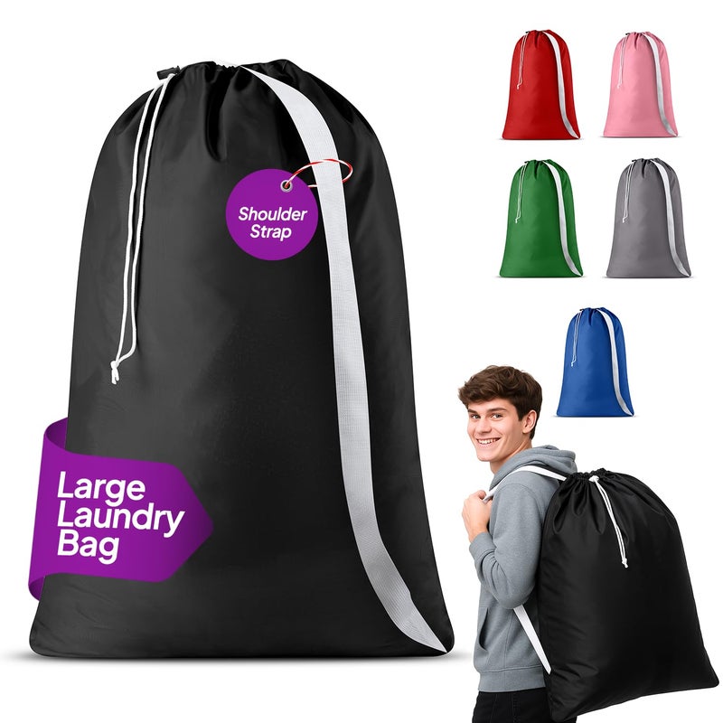 Handy Laundry Bag Shoulder Strap - Drawstring Locking Closure, Durable Material, Large Capacity, Heavy Duty Stitching, Hands Free Carrying - Perfect College Dorm (Black, 30" x 40") - Image 1