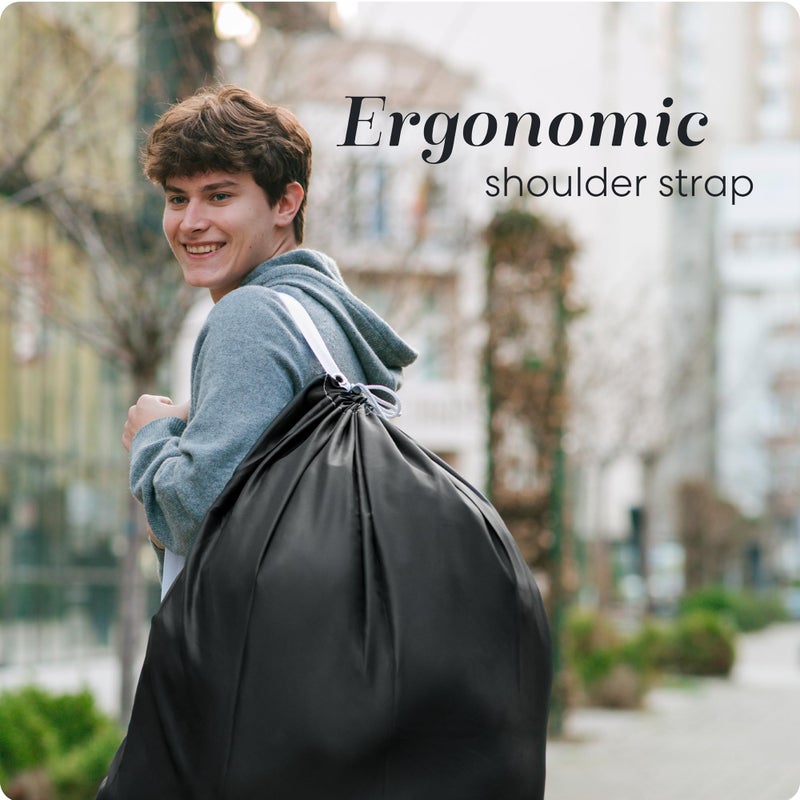 Handy Laundry Bag Shoulder Strap - Drawstring Locking Closure, Durable Material, Large Capacity, Heavy Duty Stitching, Hands Free Carrying - Perfect College Dorm (Black, 30" x 40") - Image 3