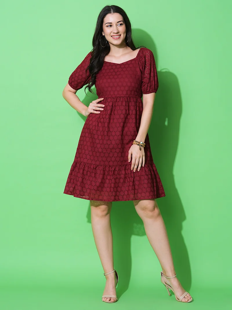جلو باص Women Sweetheart Neck Puff Sleeves Schiffli Fit & Flare Dress