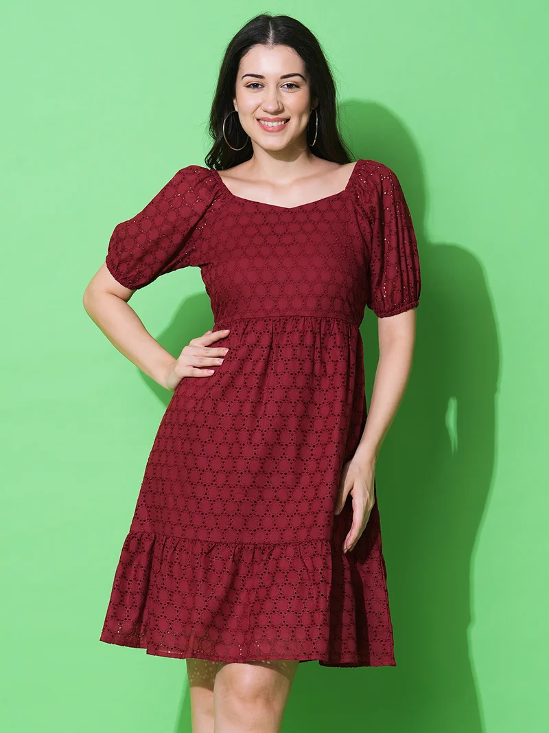 جلو باص Women Sweetheart Neck Puff Sleeves Schiffli Fit & Flare Dress