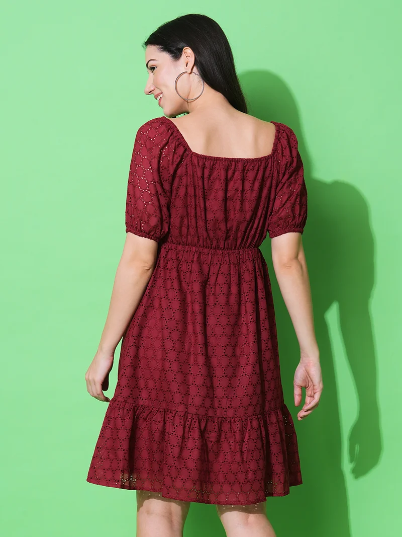 جلو باص Women Sweetheart Neck Puff Sleeves Schiffli Fit & Flare Dress
