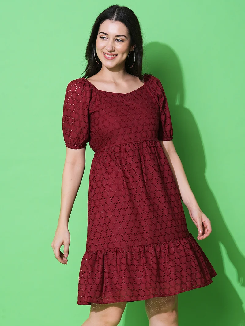 جلو باص Women Sweetheart Neck Puff Sleeves Schiffli Fit & Flare Dress