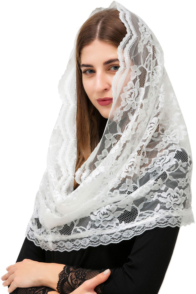PAMOR Infinity Chapel Veil Floral Latin Mass Head Covering Lace Scarf Mantilla Veils for Church (White) - Image 4