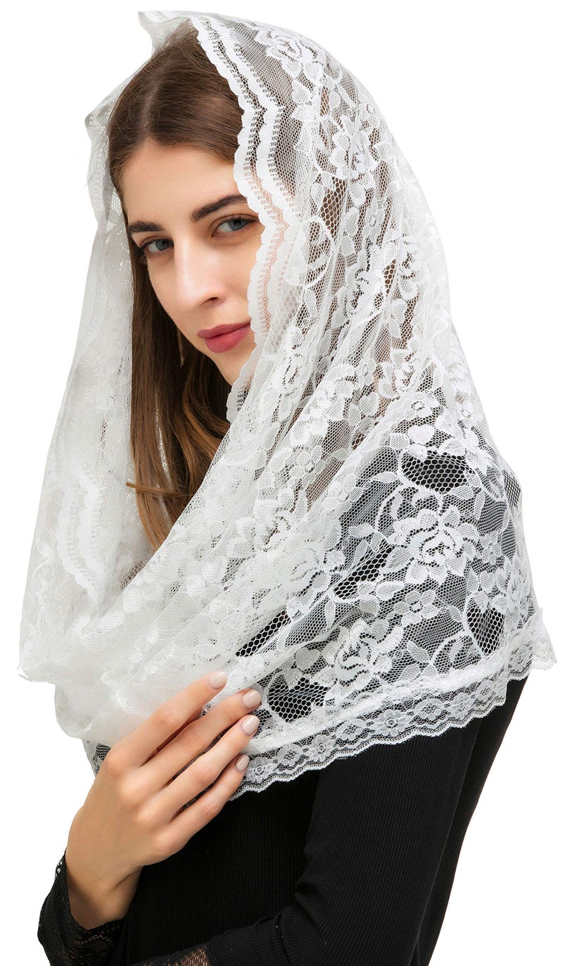 PAMOR Infinity Chapel Veil Floral Latin Mass Head Covering Lace Scarf Mantilla Veils for Church (White) - Image 2