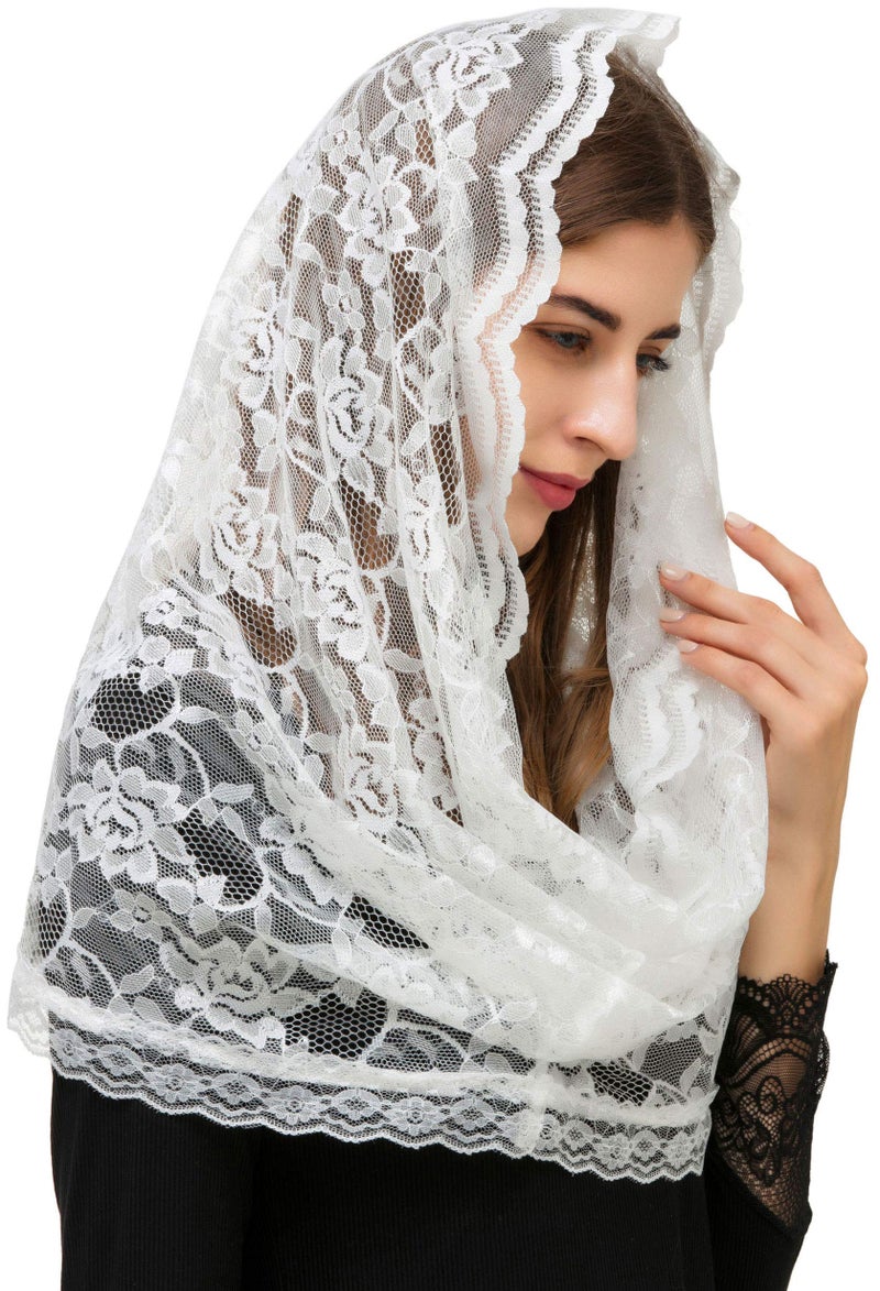 PAMOR Infinity Chapel Veil Floral Latin Mass Head Covering Lace Scarf Mantilla Veils for Church (White) - Image 1