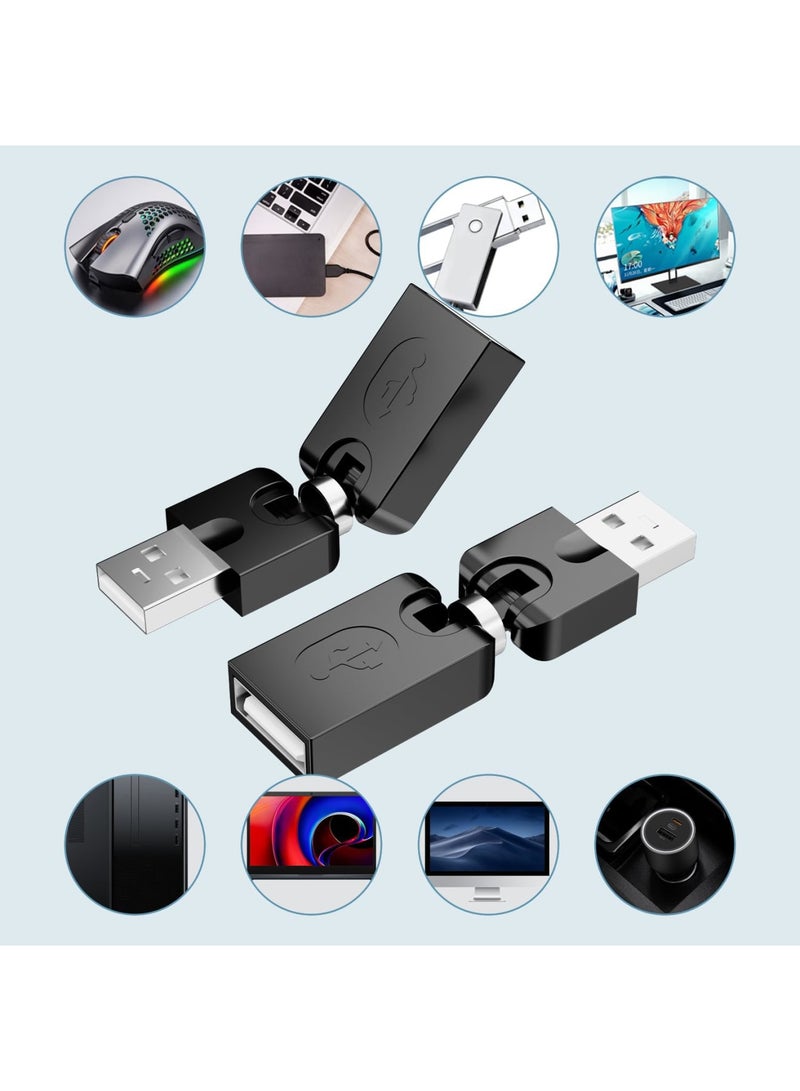 Barakah Swivel USB 2.0 Adapter, 360° Rotating Right Angle USB Extension Converter, Type A Male to Female Adjustable Twist Connector for Extension and Direction Control, Black, 2 Pack - Image 2